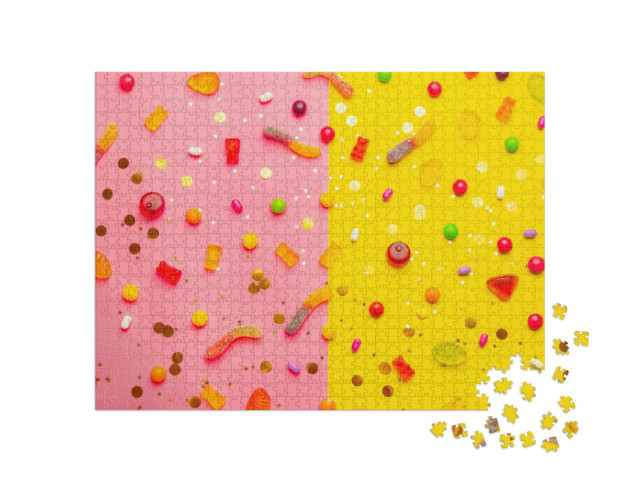 Puzzle 1000 Teile „Verschiedene Gummibärchen auf einem gelb-rosa Hintergrund“