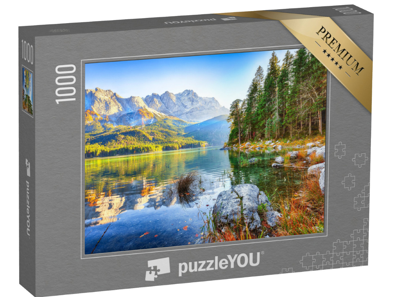 Puzzle 1000 Teile „Eibsee vor dem Gipfel der Zugspitze im Herbstlist, Bayern, Deutschland“