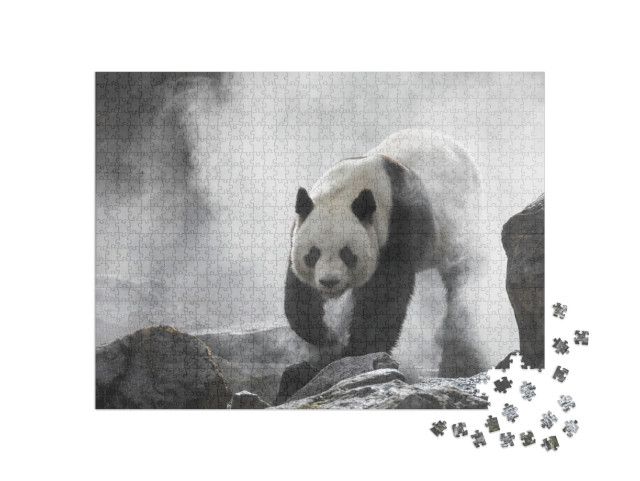 Puzzle 1000 Teile „Großer Panda im Nebel, schwarz-weiß“