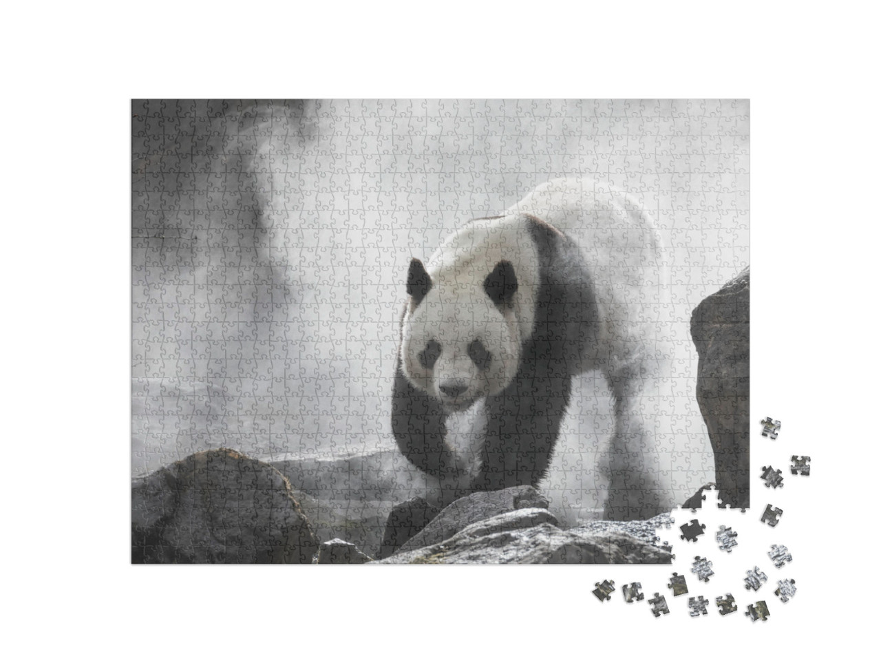 Puzzle 1000 Teile „Großer Panda im Nebel, schwarz-weiß“