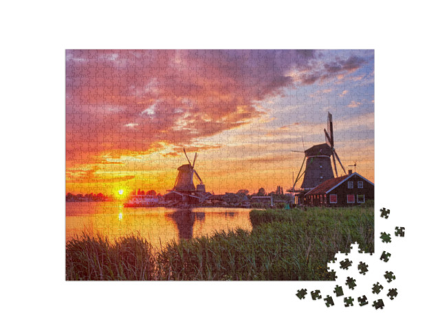 Puzzle 1000 Teile „Ländliche Szene in den Niederlanden: Windmühlen am Touristenort Zaanse Schans“