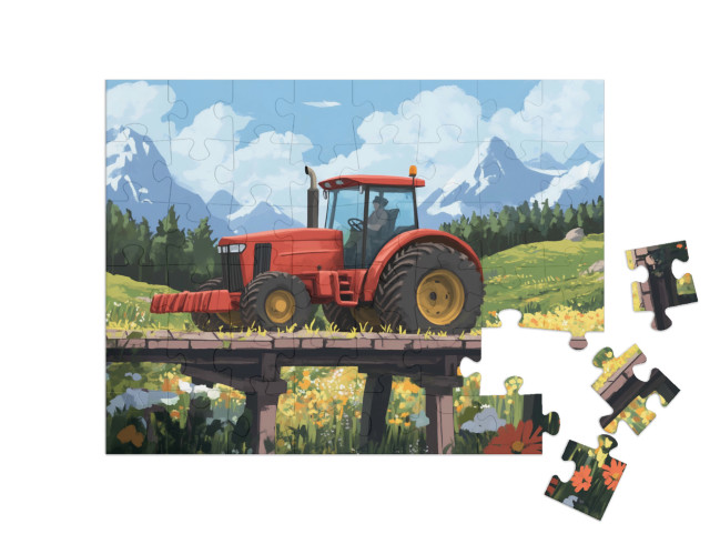 Puzzle 48 Teile „Der rote Traktor auf Bergtour“