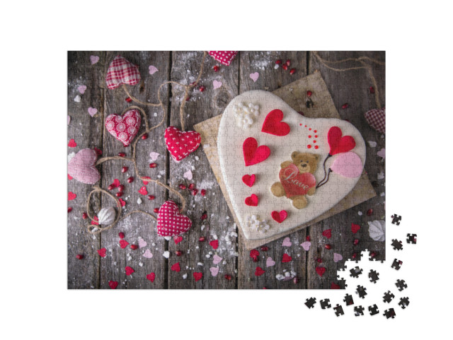 Puzzle 1000 Teile „Ein liebevoll dekorierter Kuchen in Herzform“