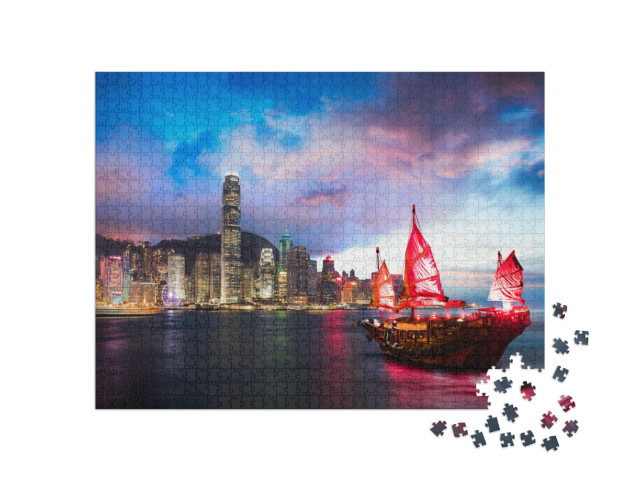Puzzle 1000 Teile „Dschunke im Victoria Harbour, Hongkong“