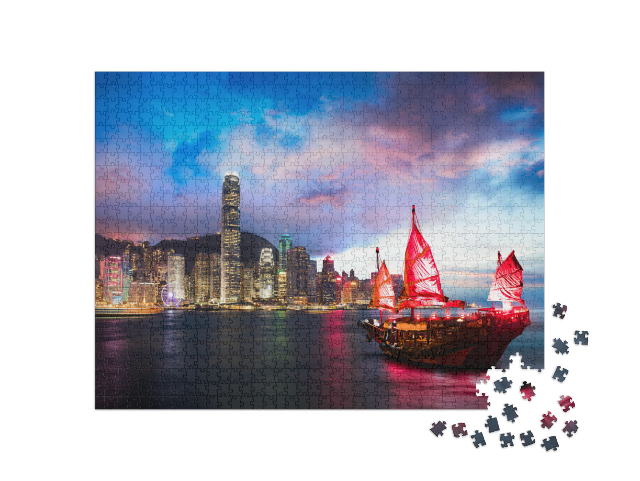 Puzzle 1000 Teile „Dschunke im Victoria Harbour, Hongkong“