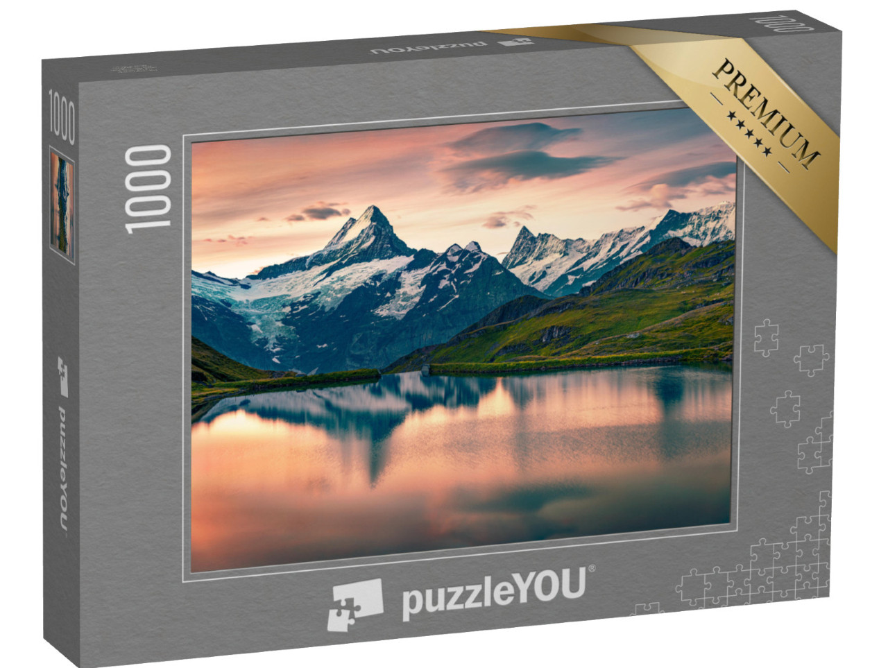 Puzzle 1000 Teile „Sonnenaufgang über dem Schreckhorn und Wetterhorn-Gipfel, Schweiz“