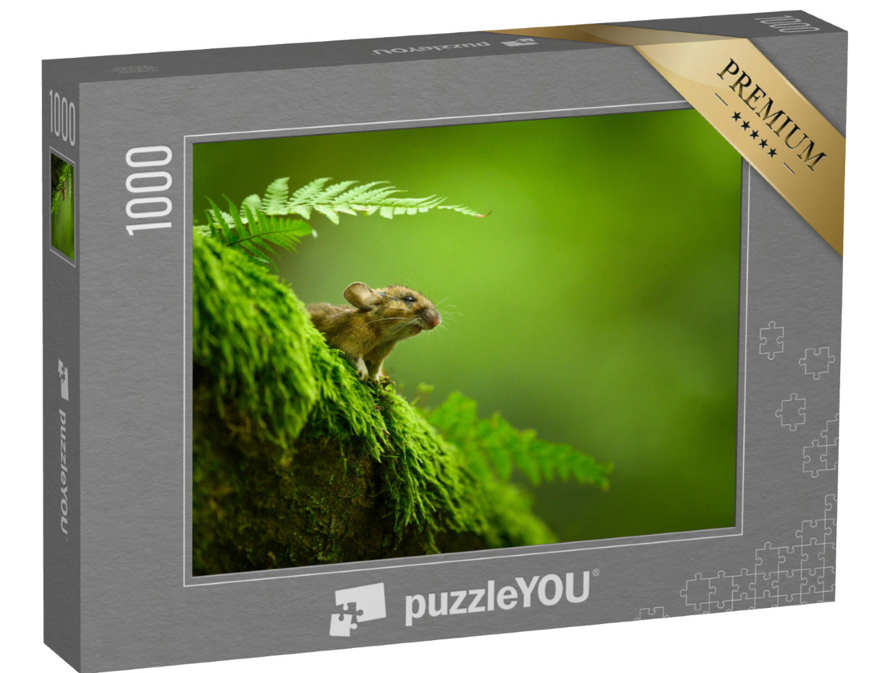 Puzzle 1000 Teile „Neugierige Hausmaus auf einem moosigen Baumstamm“
