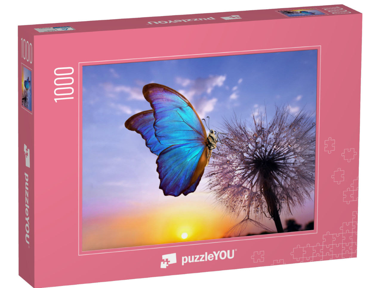 Puzzle 1000 Teile „Der blaue Morpho Schmetterling auf einer Pusteblume“