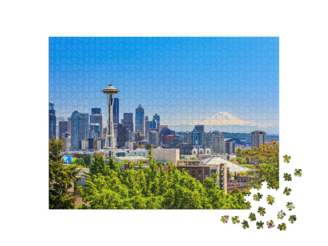 Puzzle 1000 Teile „Skyline der Innenstadt von Seattle und Mt. Rainier, Washington.“