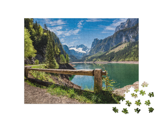 Puzzle 500 Teile „Strahlend blauer Himmel am Gosausee in Gosau, Alpen, Österreich“