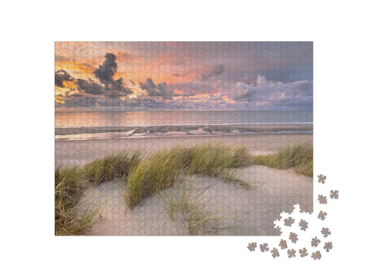 Puzzle 1000 Teile „Sonnenuntergang über den Dünen von Zeeland, Niederlande“