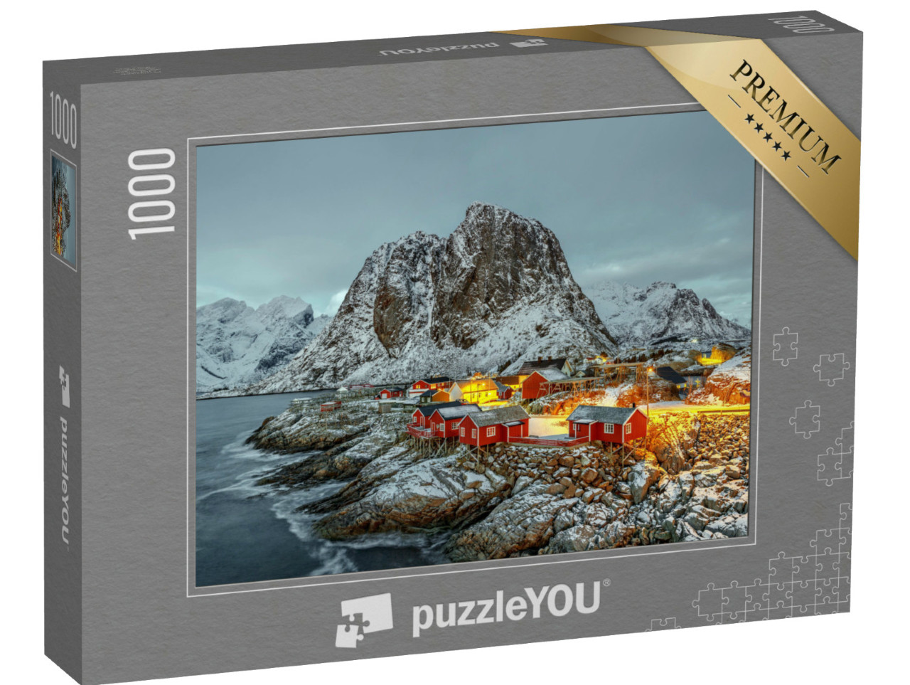 Puzzle 1000 Teile „Fischerhütte bei Sonnenuntergang, Panorama von den Lofoten, Norwegen“
