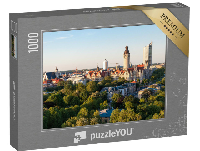 Puzzle 1000 Teile „Skyline von Leipzig mit Rathaus bei Sonnenuntergang, Deutschland“