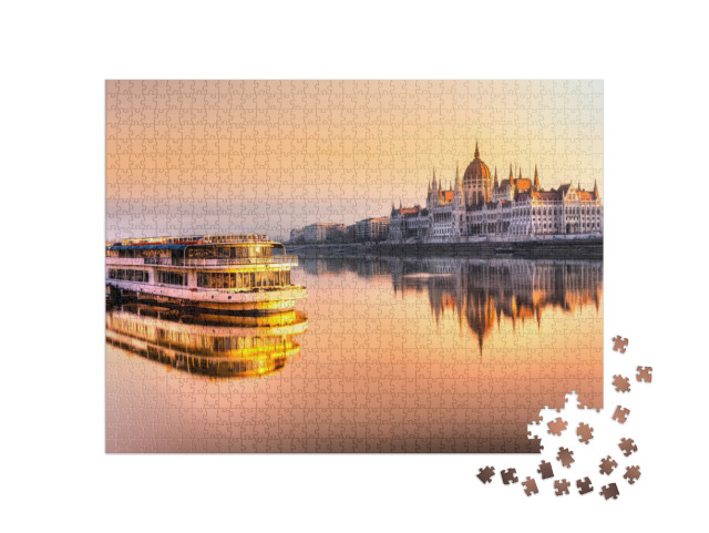 Puzzle 1000 Teile „Blick auf das Budapester Parlament bei Sonnenaufgang, Ungarn“