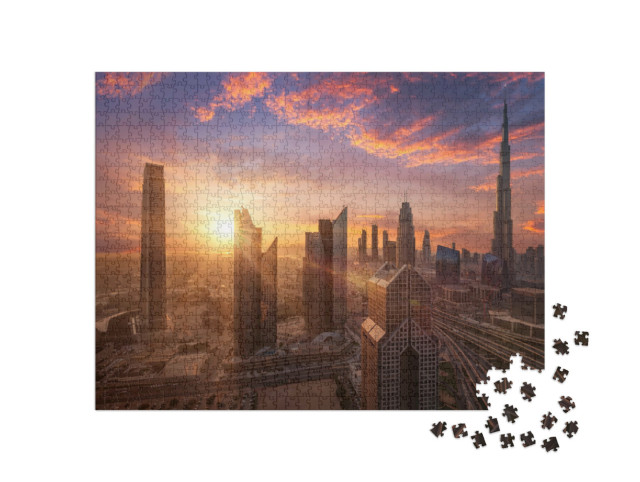 Puzzle 1000 Teile „Wunderschöner Sonnenuntergang in Dubai Downtown“