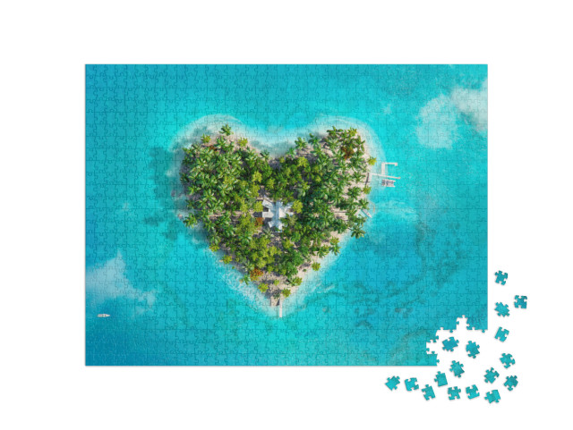 Puzzle 1000 Teile „Digitale Kunst: Tropisches Inselparadies in Form eines Herzens“