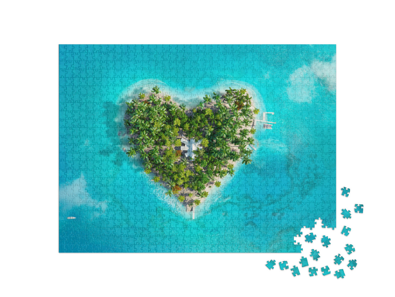 Puzzle 1000 Teile „Digitale Kunst: Tropisches Inselparadies in Form eines Herzens“
