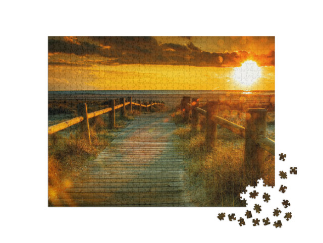 Puzzle 1000 Teile „Holzsteg zum Sonnenuntergang am Strand“