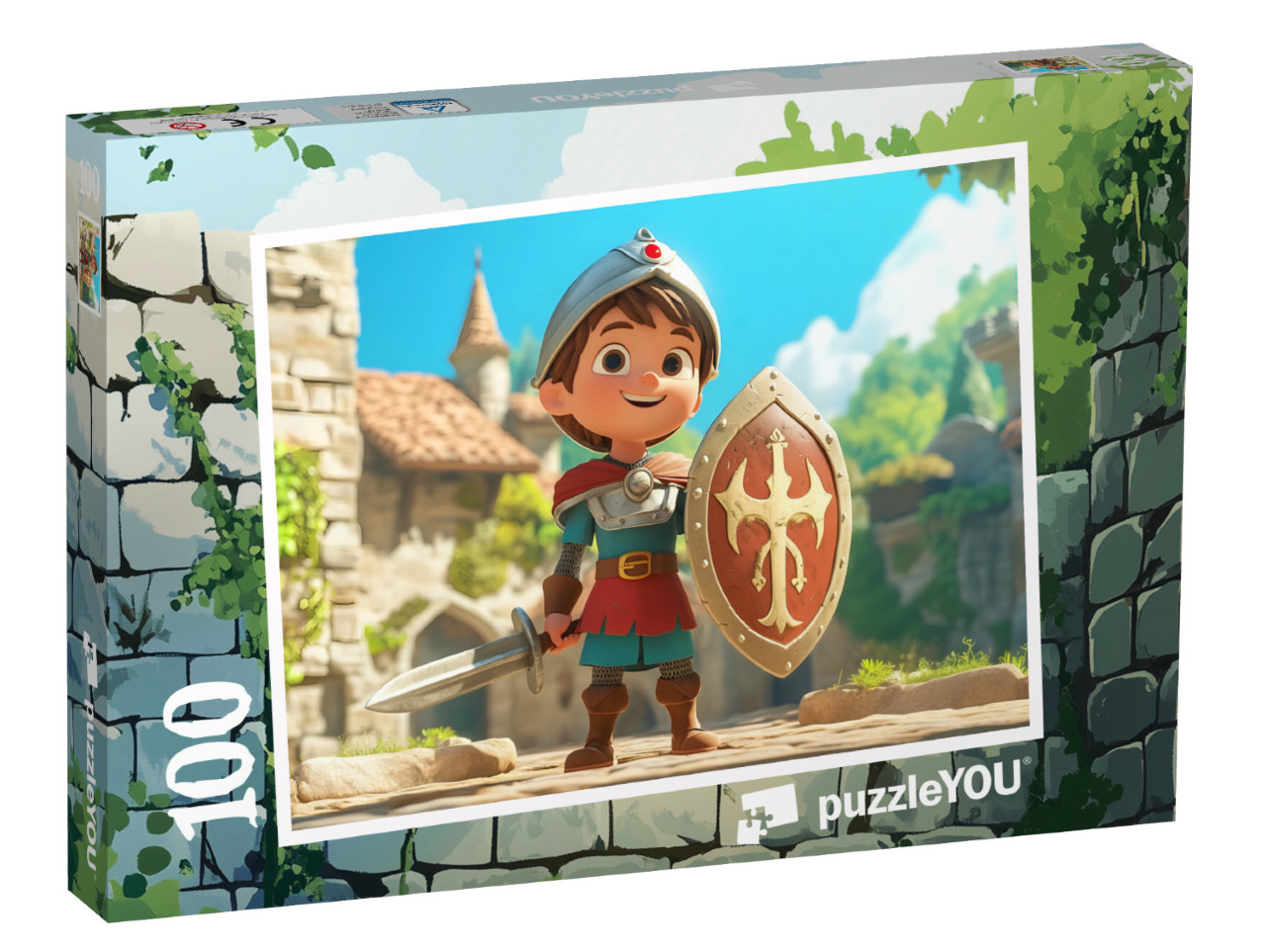 Puzzle 100 Teile „Der tapfere Burgherr zeigt sein Schild“