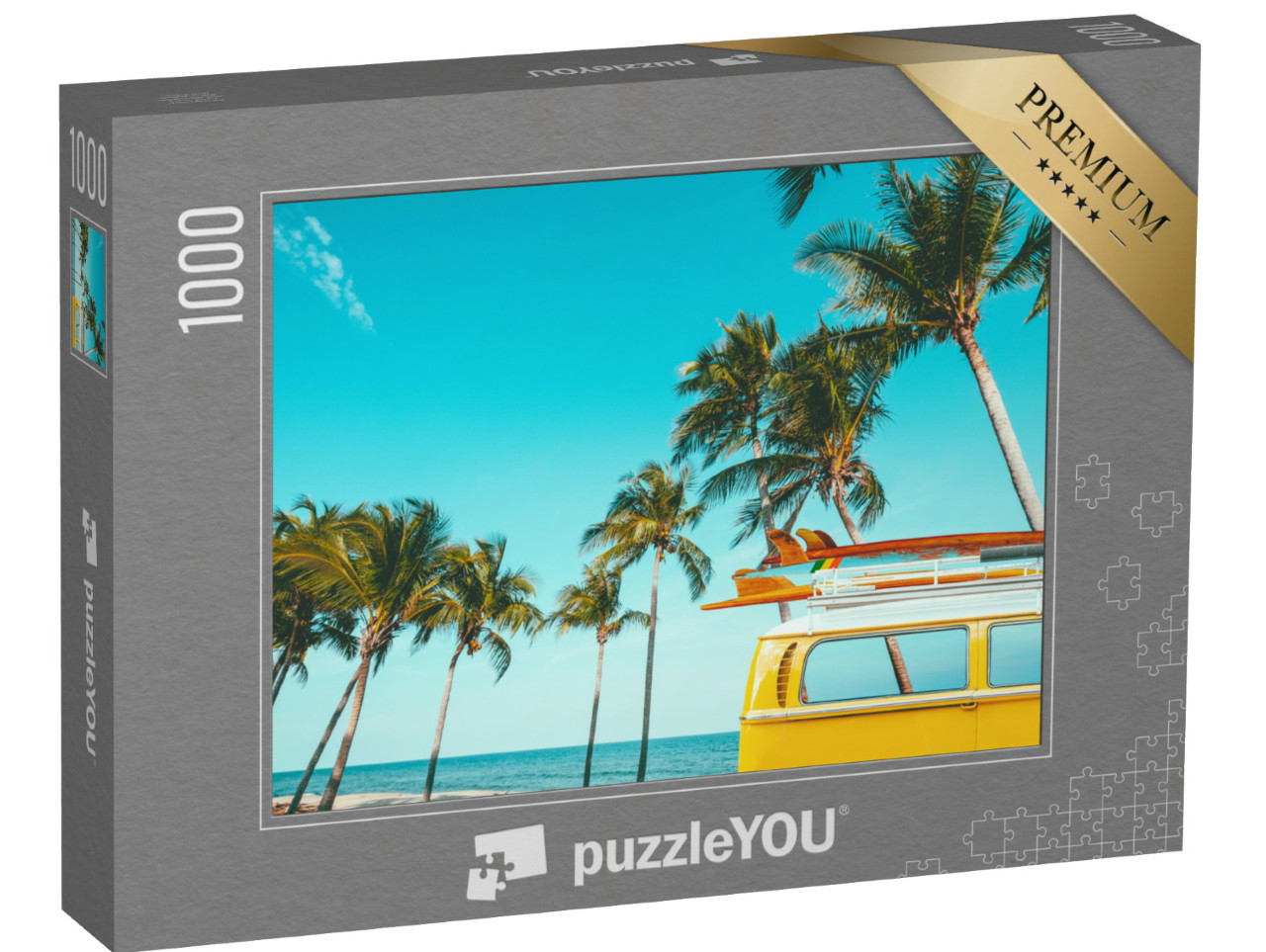 Puzzle 1000 Teile „Perfekter Parkplatz: Oldtimer mit Surfbrett am tropischen Strand“