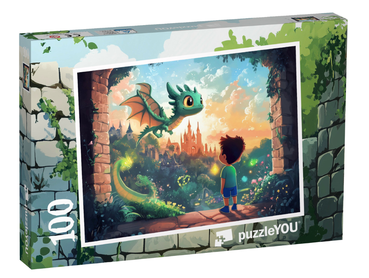 Puzzle 100 Teile „Die verzauberte Festung im Drachenland“