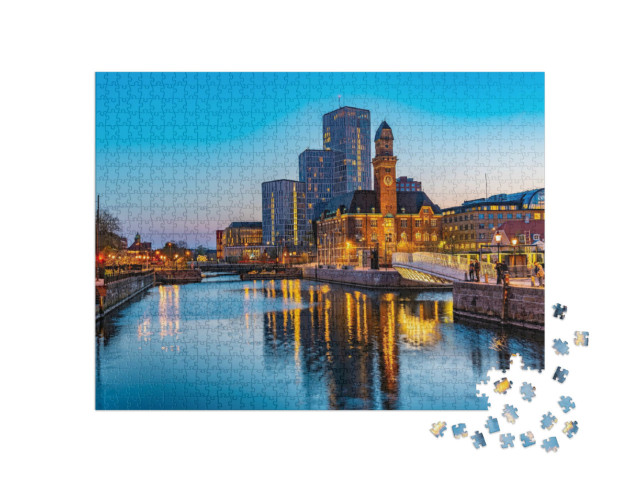 Puzzle 1000 Teile „Sonnenuntergang mit Blick auf die Skyline von Malmö, Schweden“