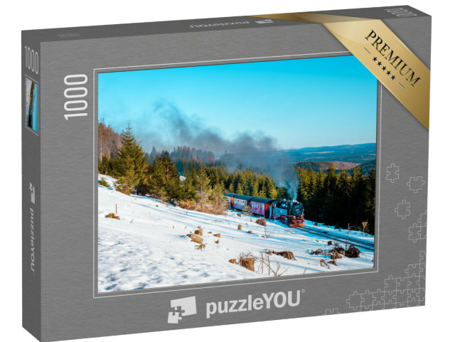 Puzzle 1000 Teile „Dampflok im Schnee: Winterlandschaft im Harz, Deutschland“