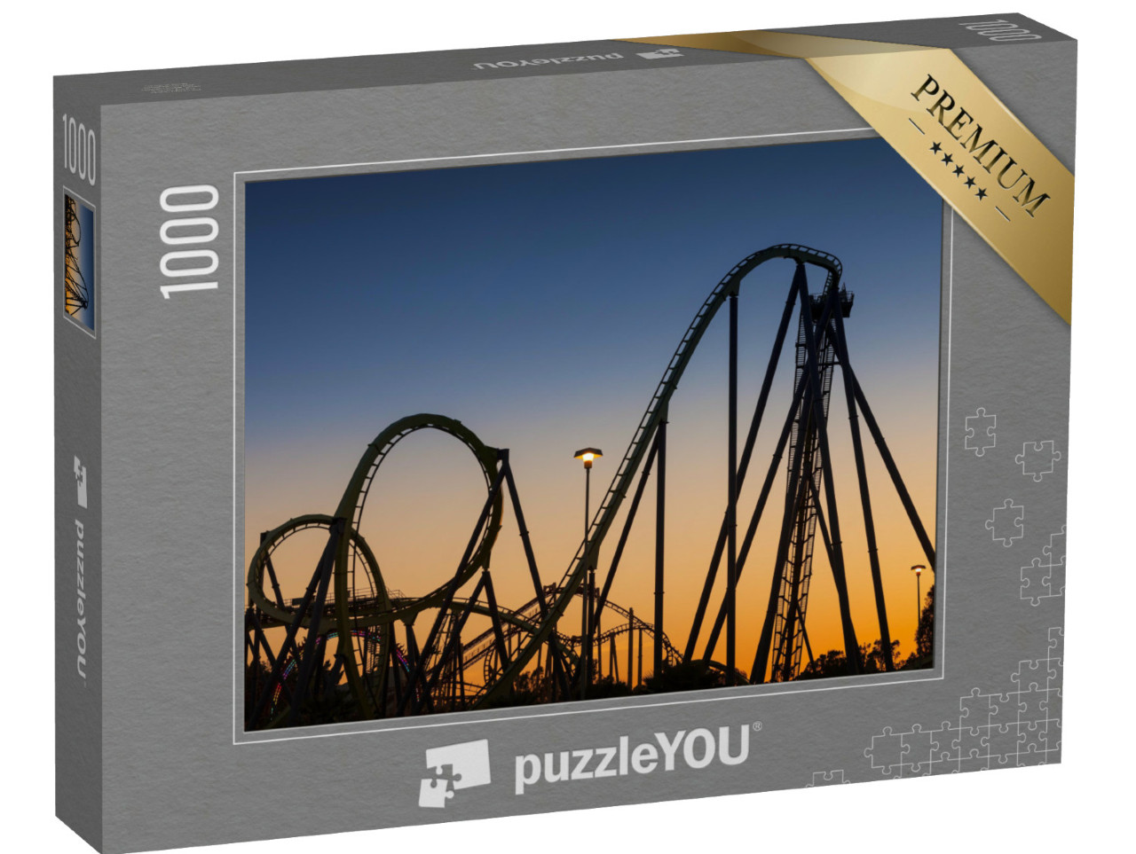 Puzzle 1000 Teile „Achterbahn-Silhouette bei Sonnenuntergang“