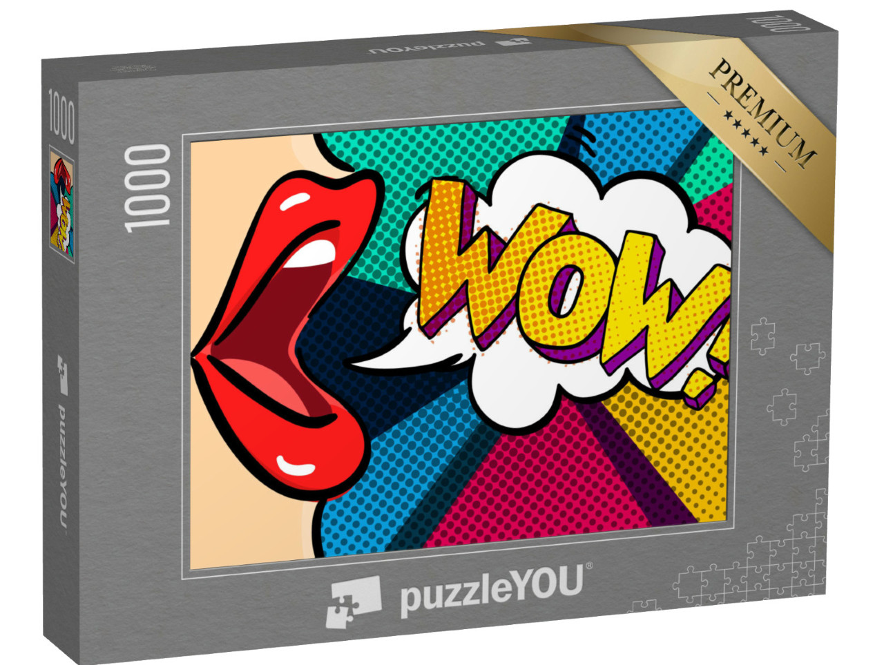 Puzzle 1000 Teile „Offener Mund und WOW-Botschaft, Pop-Art-Stil“