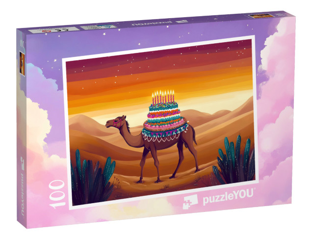 Puzzle 100 Teile „Das fröhliche Geburtstagskamel in der Wüstenlandschaft“