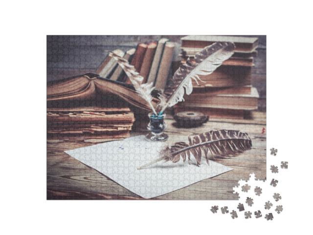 Puzzle 1000 Teile „Vintage-Stillleben: Bücher, Tinte und Schreibfedern“
