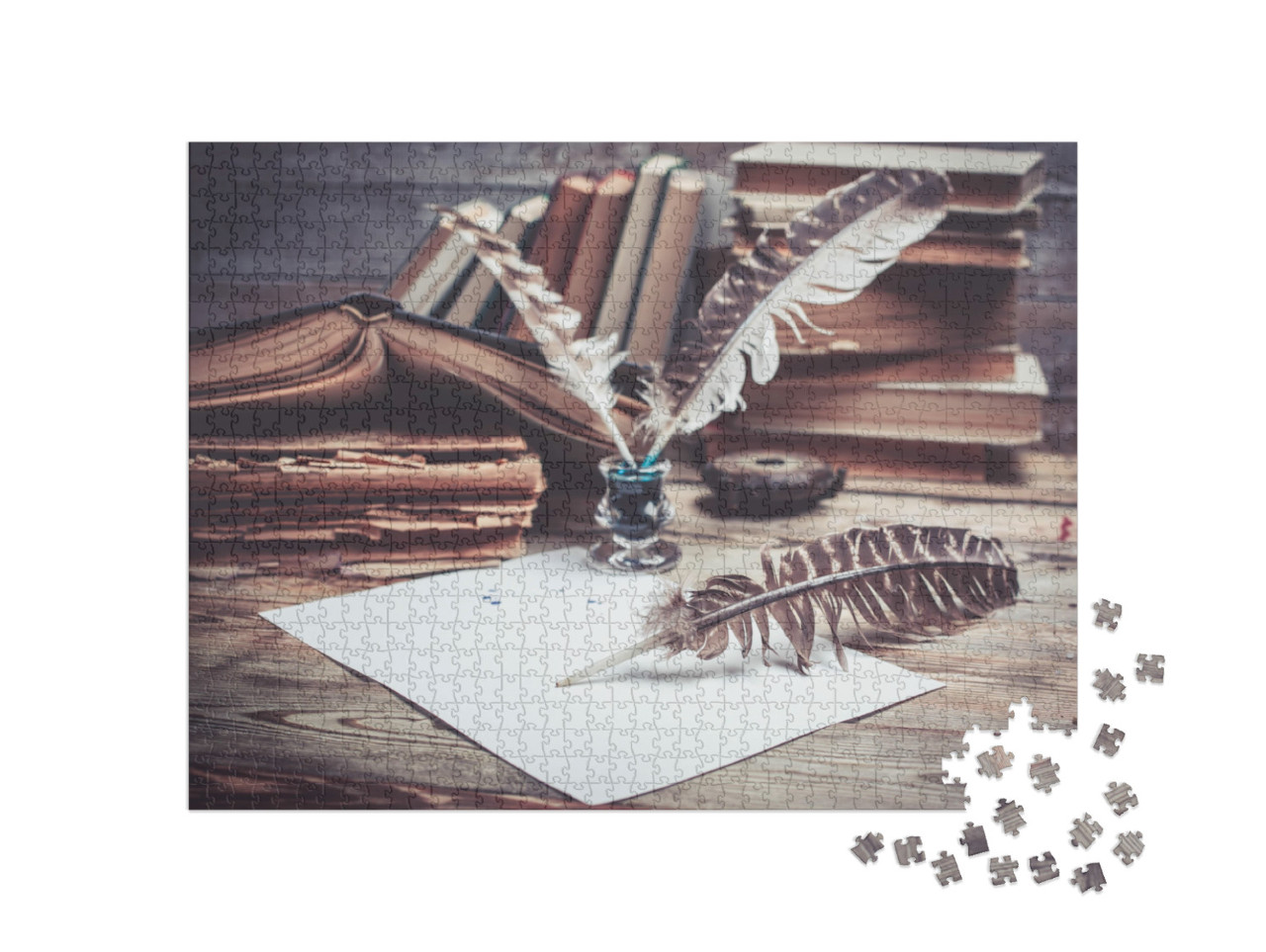 Puzzle 1000 Teile „Vintage-Stillleben: Bücher, Tinte und Schreibfedern“