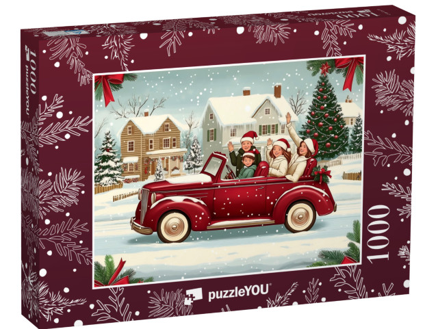 Puzzle 1000 Teile „Retro-Stil: Familie bricht auf in das Weihnachtsgeschehen im roten Cabrio“