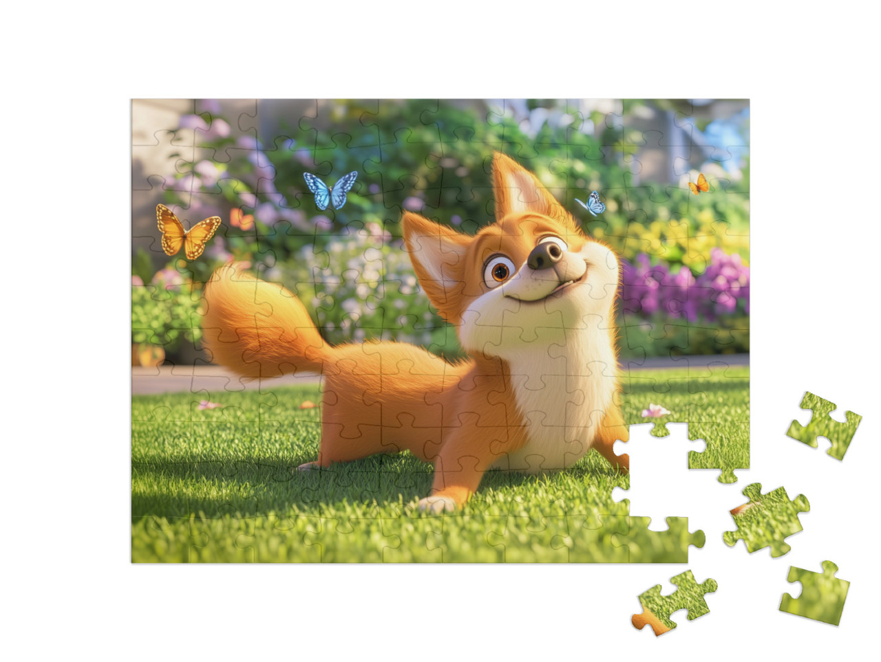 Puzzle 100 Teile „Der lustige Corgi spielt im Sommergarten“