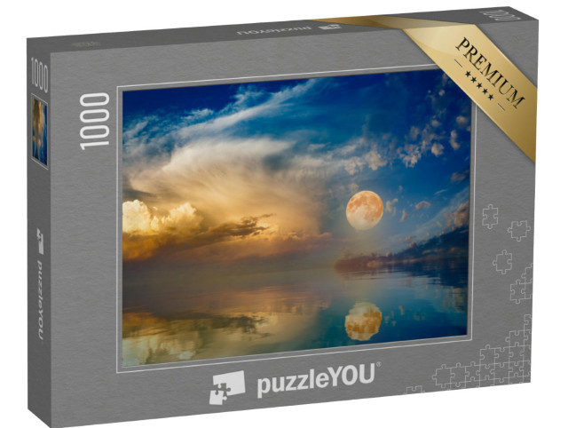 Puzzle 1000 Teile „Atmosphärisch: Vollmond über dem Sonnenuntergangshimmel am Meer“