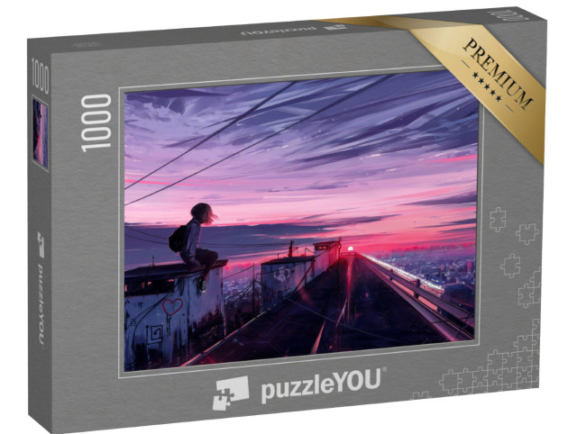 Puzzle 1000 Teile „ästhetische Illustration eines Mädchens, das auf dem Dach sitzt“