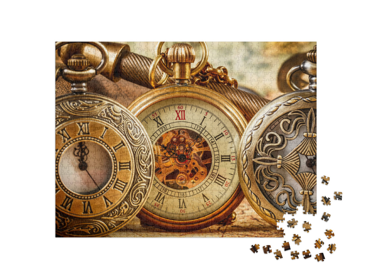 Puzzle 1000 Teile „Drei antike Taschenuhren in Gold auf einer Weltkarte“