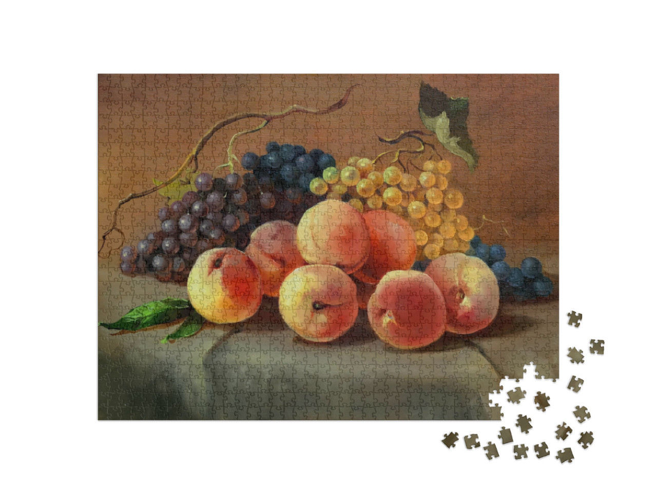 Puzzle 1000 Teile „Reife, saftige Pfirsiche und Weintrauben auf dem Tisch, Ölgemälde auf Leinwand“
