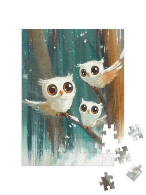 Puzzle 100 Teile „Drei Schneeeulen im Winterwald“