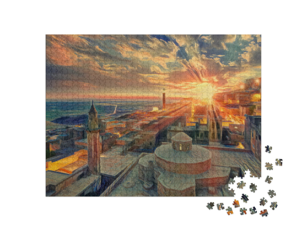 Puzzle 1000 Teile „im Stil von Edvard Munch, Der Schrei - Altstadt bei Sonnenuntergang - Mardin, Türkei“