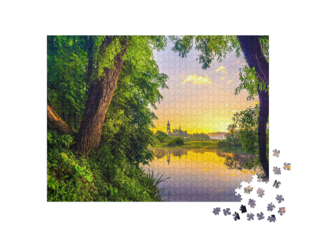 Puzzle 1000 Teile „Stimmungsvoller Sonnenaufgang über einer kleinen Insel im See“