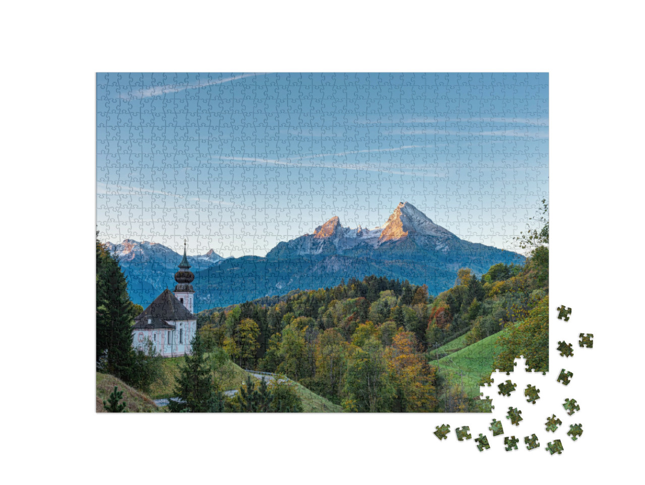 Puzzle 1000 Teile „Herbstmorgen über Maria Gern und dem Watzmann, Deutschland“