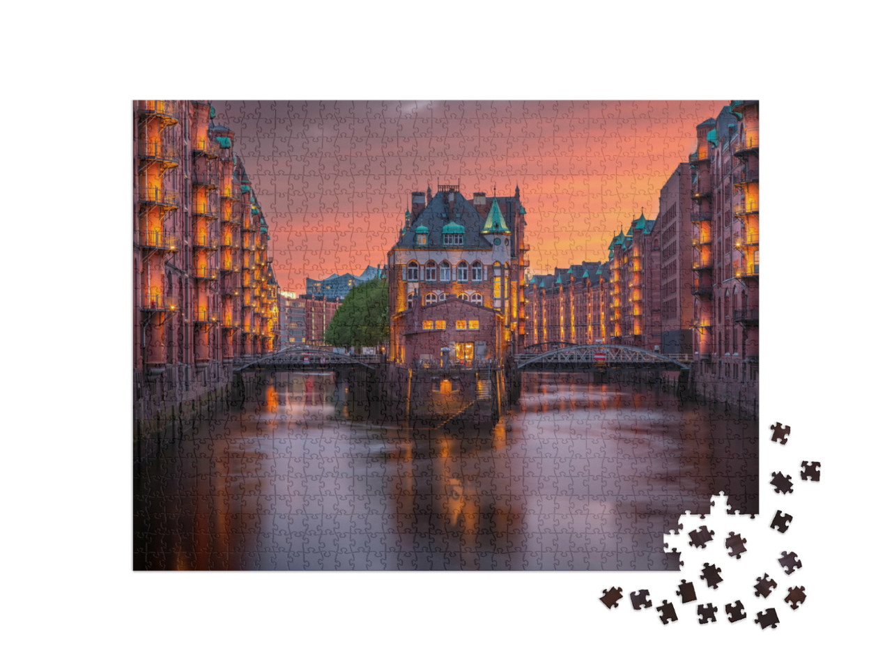Puzzle 1000 Teile „Abend über der Speicherstadt in Hamburg, Deutschland“