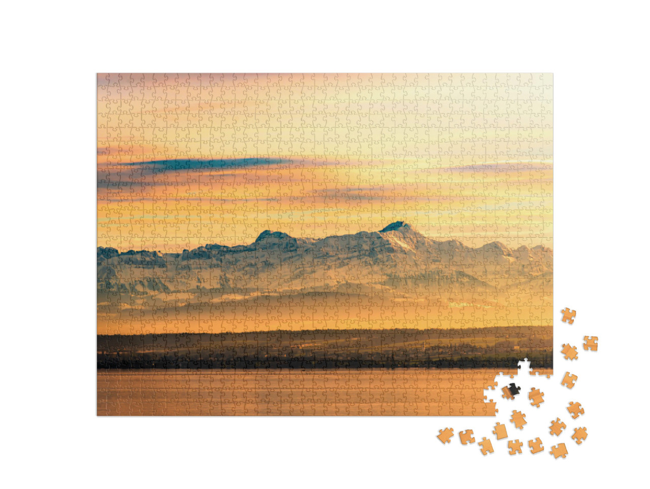 Puzzle 1000 Teile „Abendleuchten am Bodensee mit Schweizer Alpen im Hintergrund“