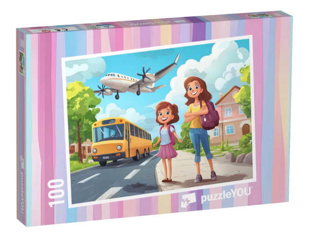 Puzzle 100 Teile „Flugzeuge auf dem Weg zum Schulbus“