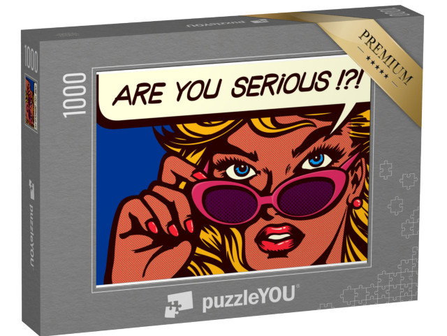 Puzzle 1000 Teile „Pop-Art-Comic-Stil: skeptische Frau mit Sonnenbrille“