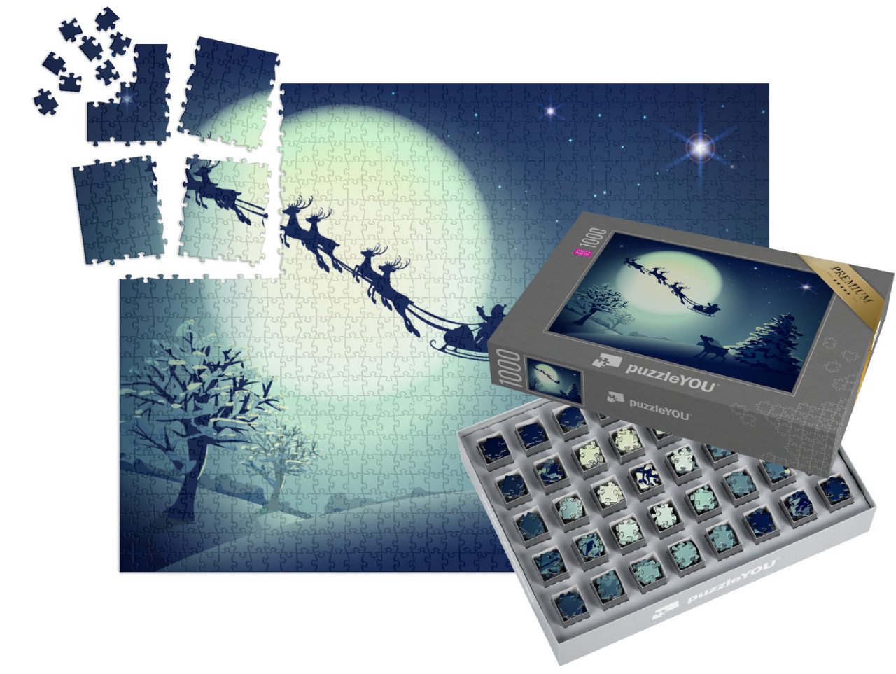Puzzle „Weihnachtsmann im Schlitten, Rentiere, Vollmond, Grußkarte“ | SMART SORTED® 1000 Teile