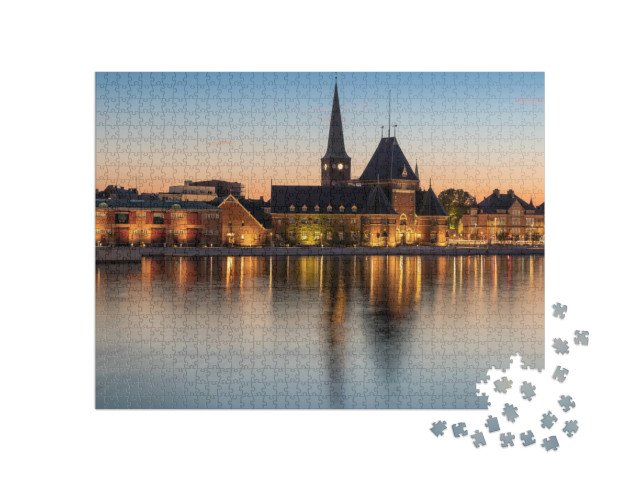 Puzzle 1000 Teile „Hafen in Aarhus: Dänemark zur blauen Stunde“