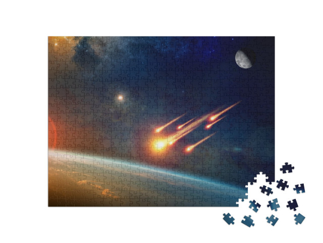 Puzzle 500 Teile „Asteroideneinschlag, Gruppe brennender Asteroiden nähert sich der Erde“