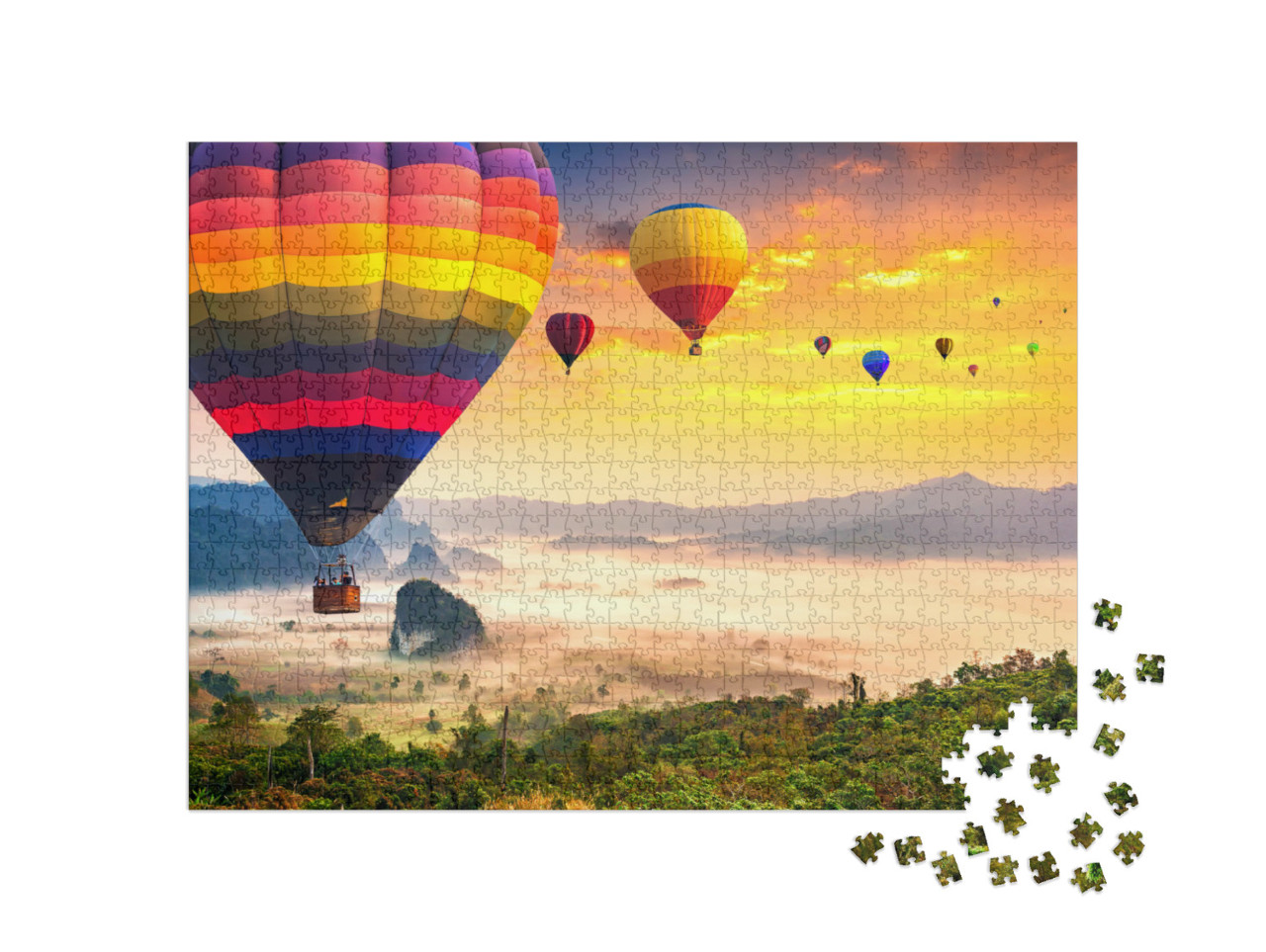 Puzzle 1000 Teile „Heißluftballons über Frühnebel, Phu Langka Nationalpark, Thailand“